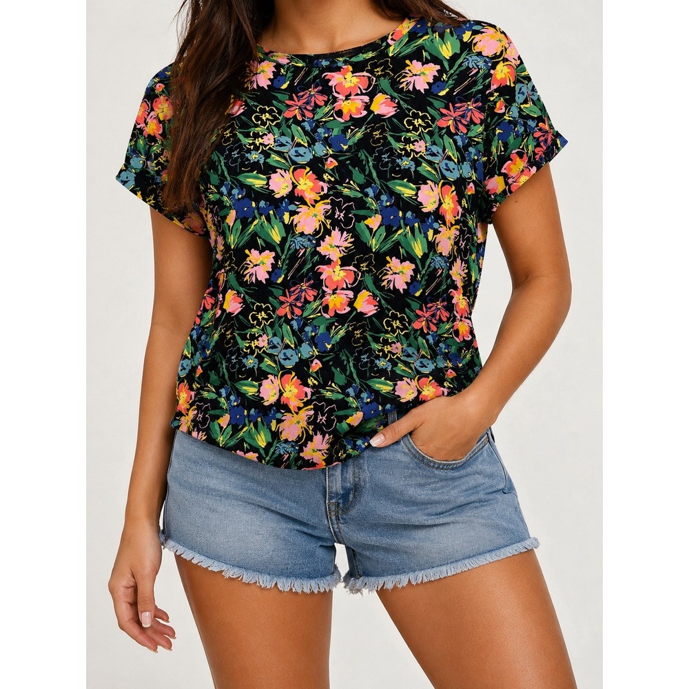 Truth by Republic Womens Floral Short Sleeve Crew Neck Tee Black Multi Large